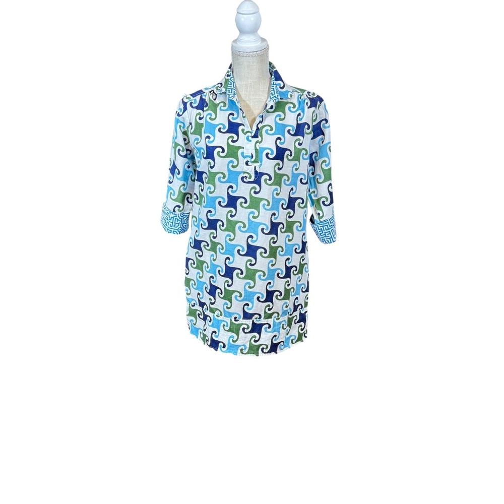Tizzie Flip Cuff Geometric Print Women's Tunic Dress Pockets Sz S Linen Cotton